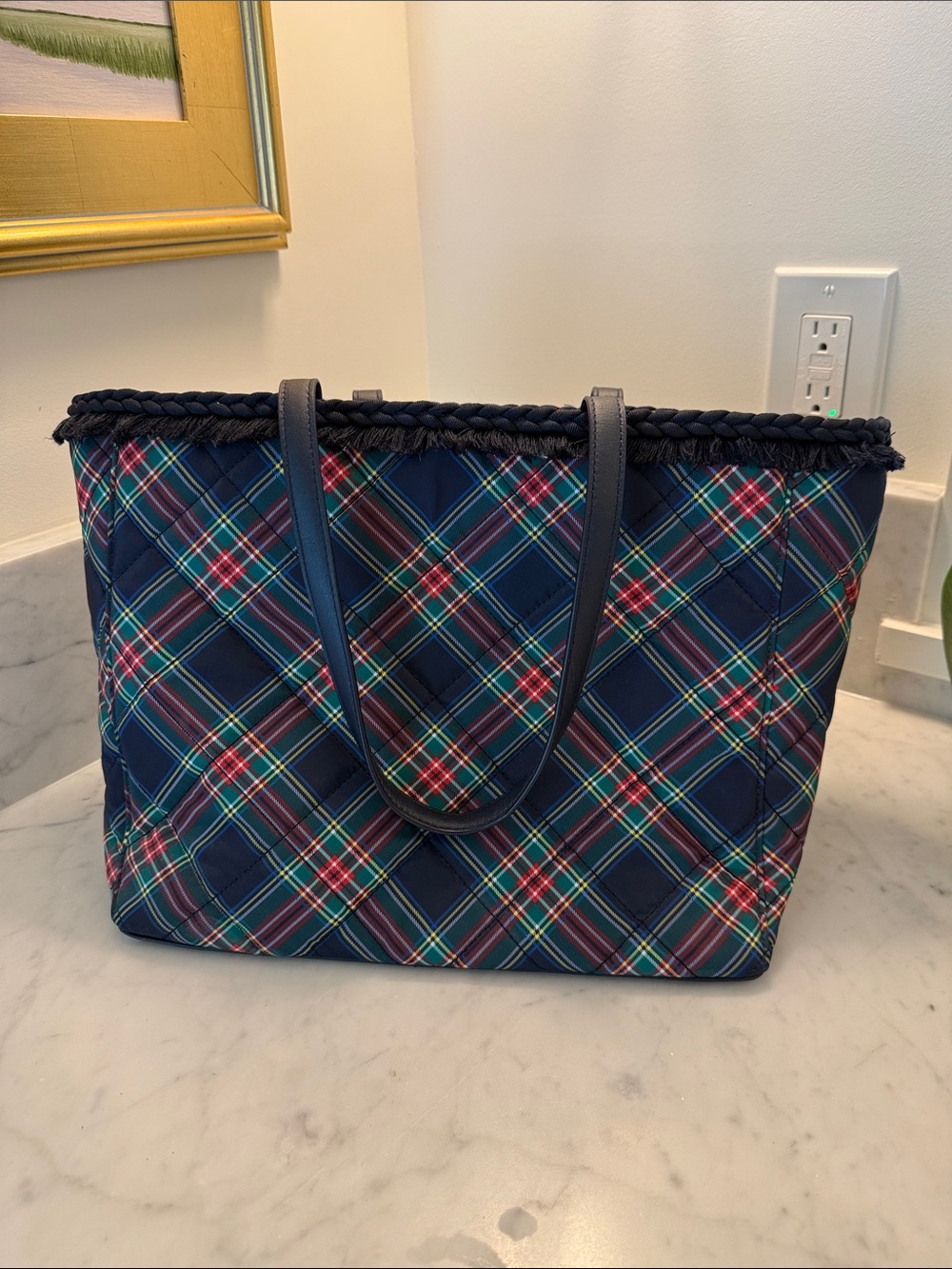 Talbots Plaid Tote Bag with Braided Trim